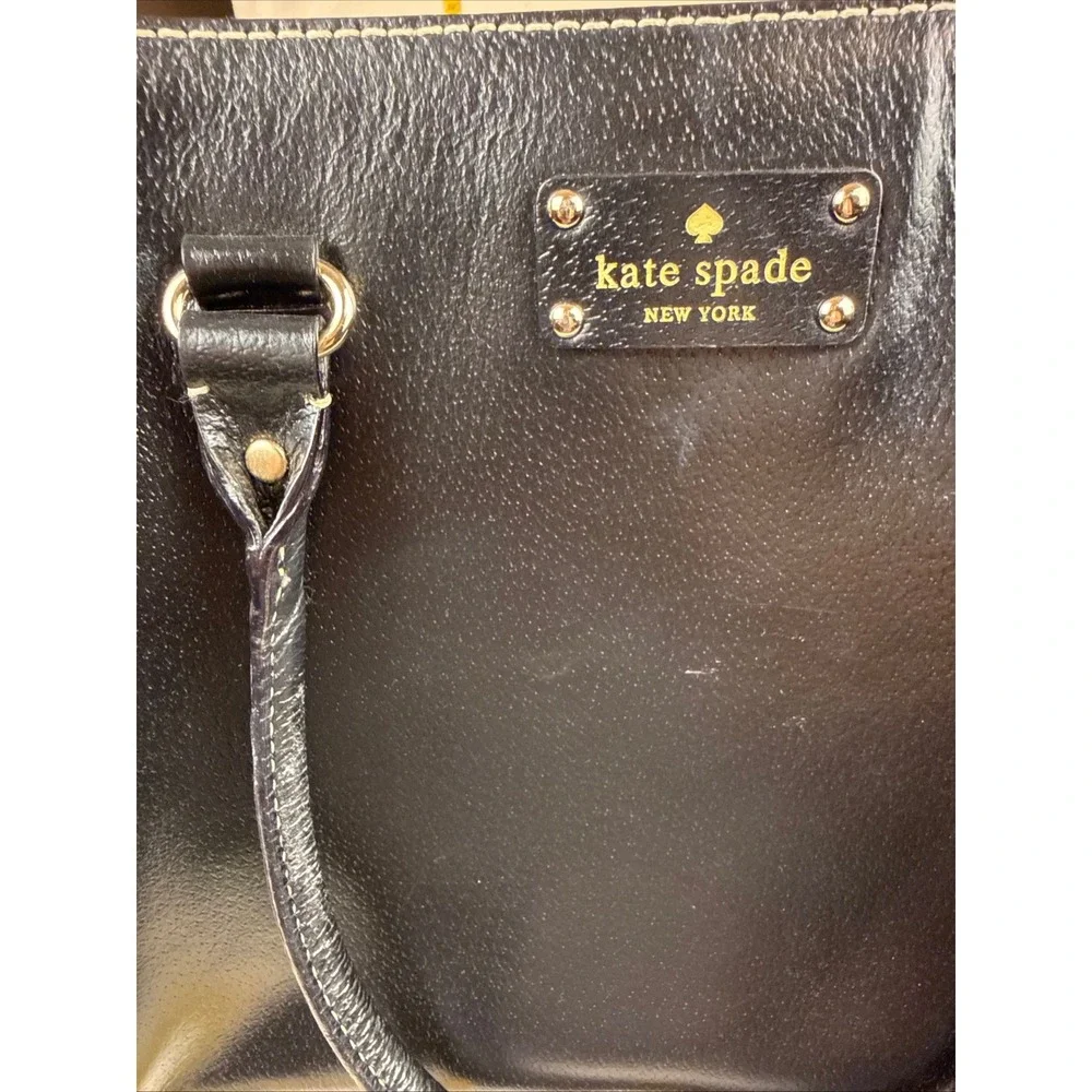 Kate Spade Tote Bag Womens Med Black Classic Leather Polka Dot Lining Stitching